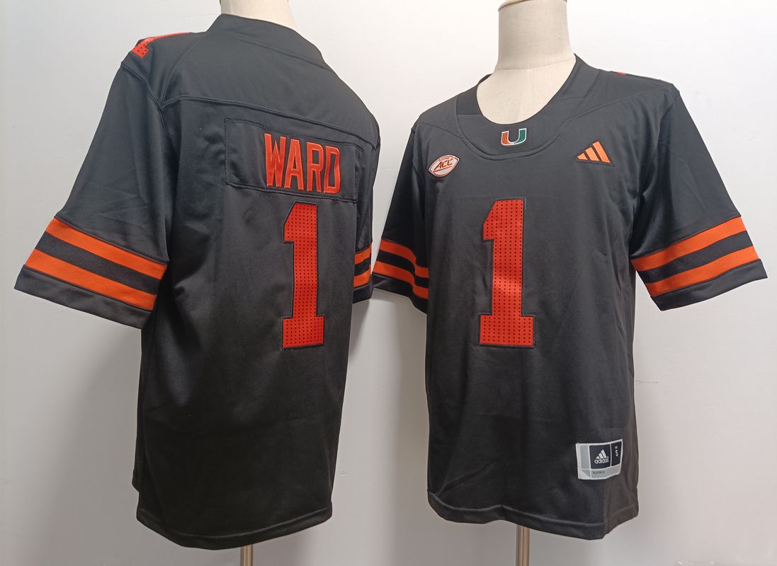 Men Miami Hurricanes 1 Ward Black 2025 NCAA Jersey